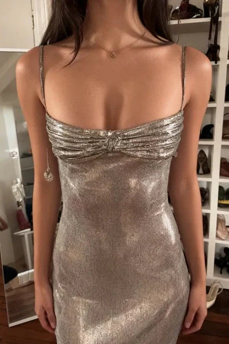 Sparkly Sheath Spaghetti Straps Grey Blue Sequins Tea Length Party Dress