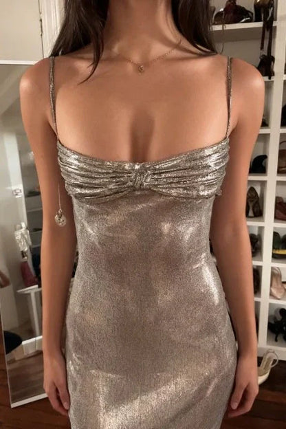 Sparkly Sheath Spaghetti Straps Grey Blue Sequins Tea Length Party Dress
