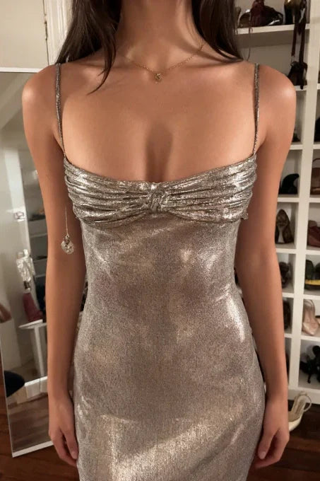 Sparkly Sheath Spaghetti Straps Grey Blue Sequins Tea Length Party Dress