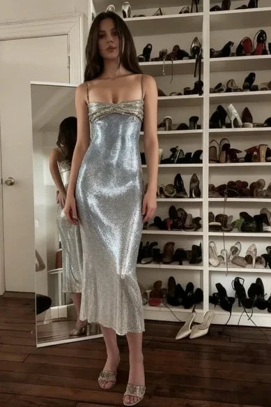 Sparkly Sheath Spaghetti Straps Grey Blue Sequins Tea Length Party Dress