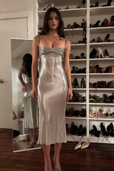 Sparkly Sheath Spaghetti Straps Grey Blue Sequins Tea Length Party Dress
