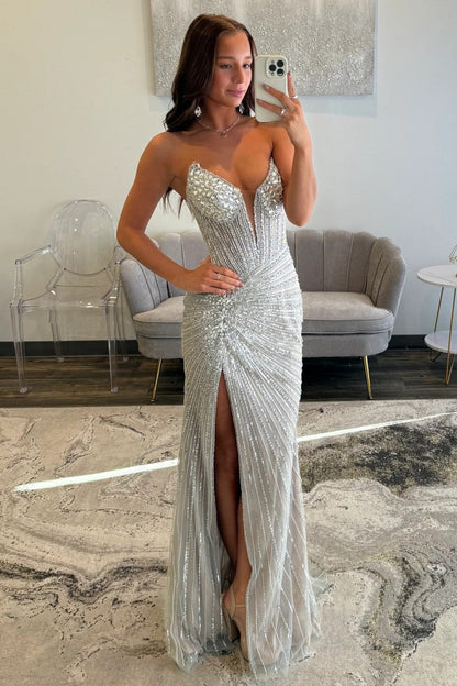 Sparkly Silver Beaded Mermaid Prom Dress with Deep V-Neck and Front Slit