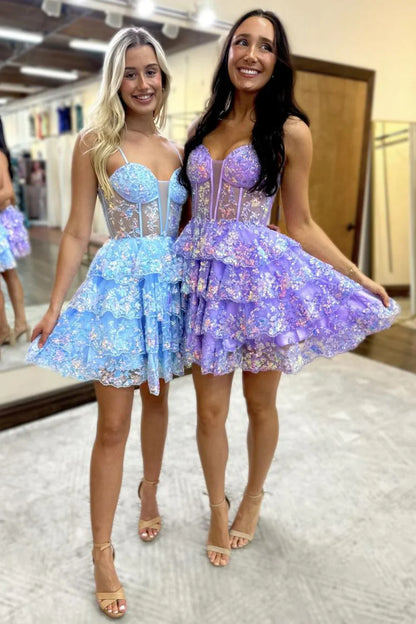 omberprom Sparkly Stunning Short A-Line Homecoming Dress Spaghetti Straps Graduation Dress With Appliques