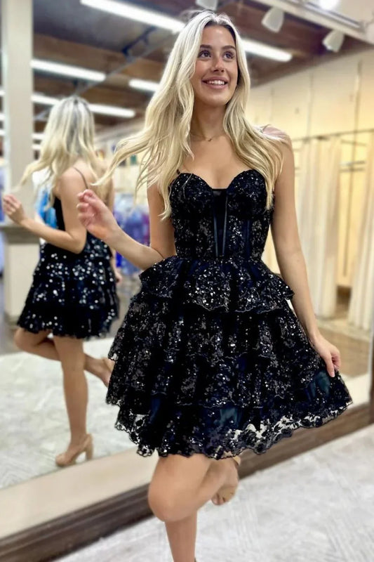 omberprom Sparkly Stunning Short A-Line Homecoming Dress Spaghetti Straps Graduation Dress With Appliques
