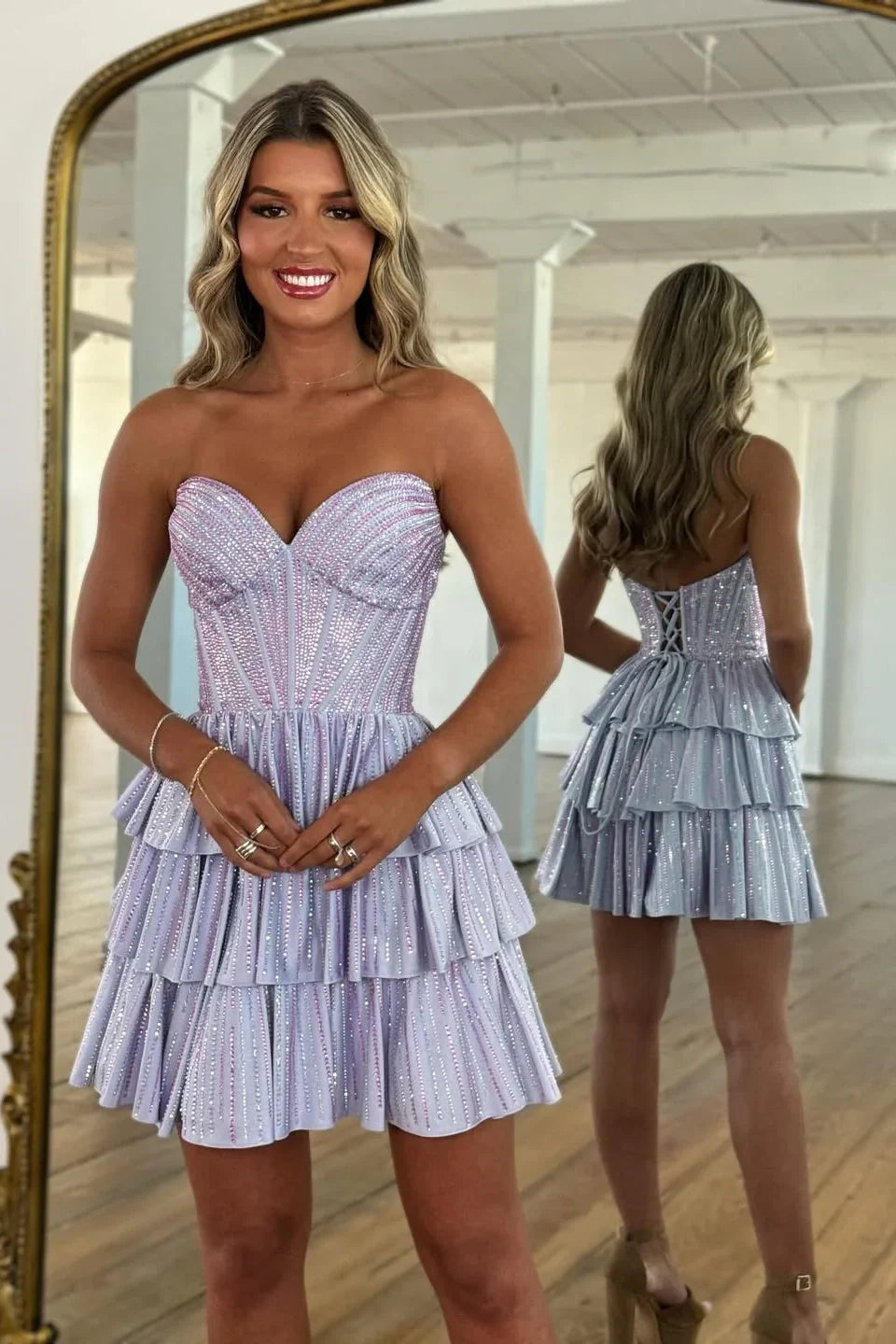 Sparkly Gorgeous Sweetheart A-Line Homecoming Dress with Short Tiered Beaded Skirt