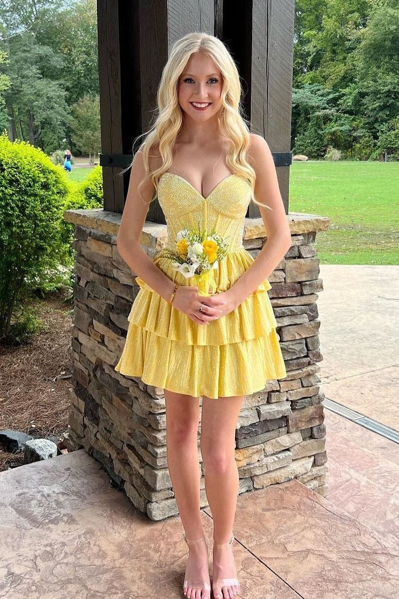Sparkly Gorgeous Sweetheart A-Line Homecoming Dress with Short Tiered Beaded Skirt