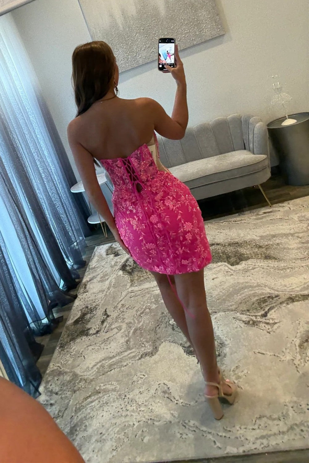 Sparkly Hot Pink Floral Lace Homecoming Dress with Sweetheart Neckline
