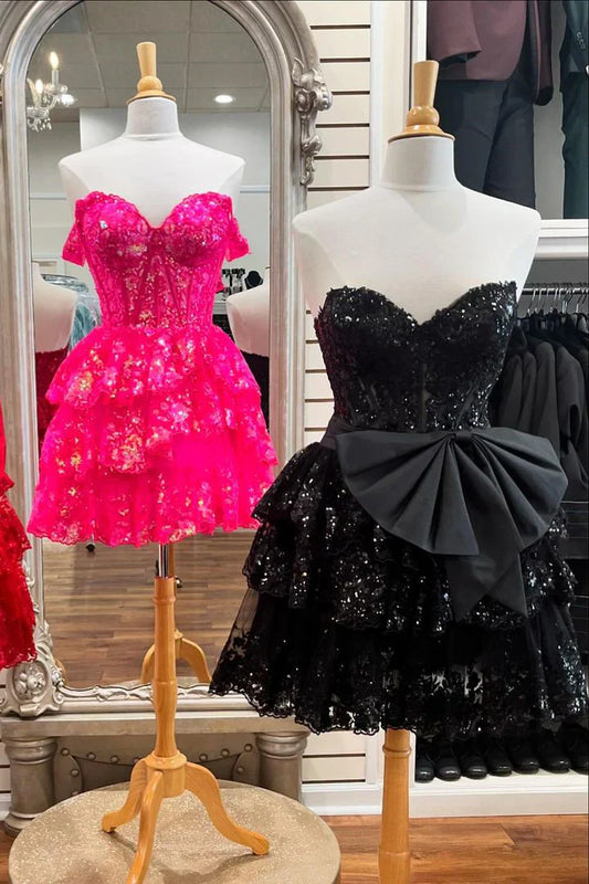 omberprom Homecoming Dress Sparkly A-Line Tiered With Bowknot Sweetheart