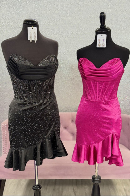 Glitter Strapless Satin Homecoming Dress with Beading and Ruffled Hem