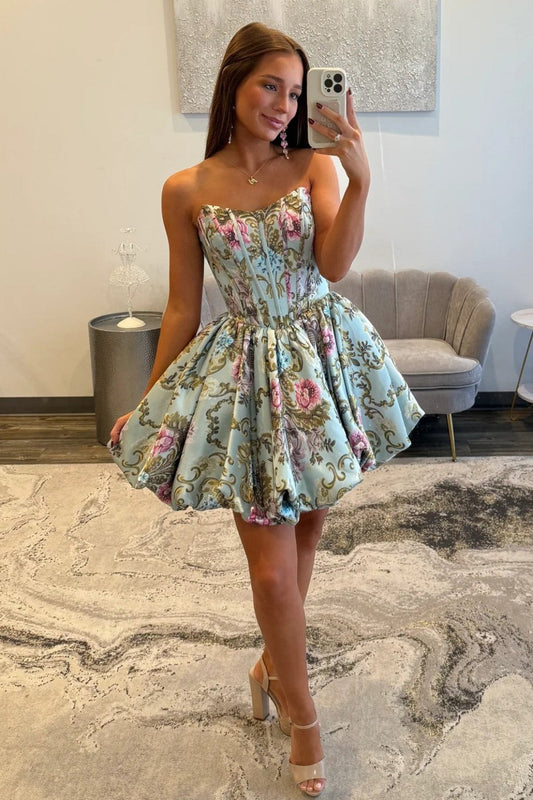 Strapless A-Line Floral Print Corset Homecoming Dress with Flared Skirt