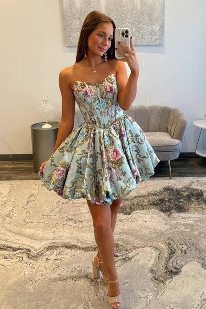 Strapless A-Line Floral Print Corset Homecoming Dress with Flared Skirt