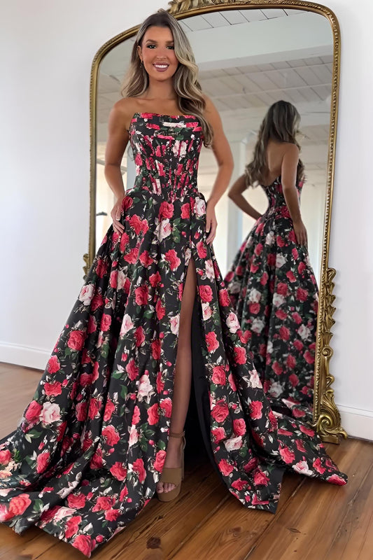 Strapless Black Floral A-Line Prom Dress with Corset Bodice & High Slit