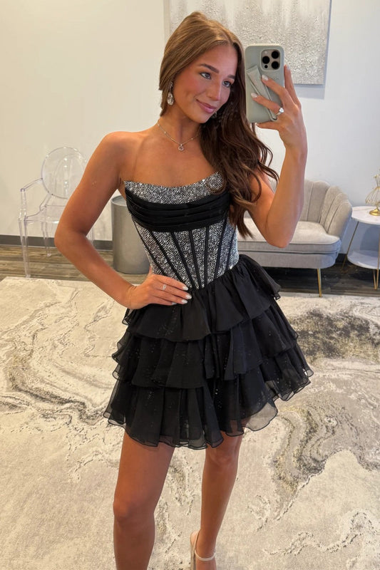 Strapless Corset Homecoming Dress with Beading Detail and Tiered Tulle Skirt