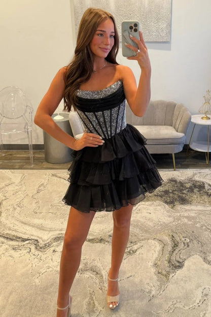Strapless Corset Homecoming Dress with Beading Detail and Tiered Tulle Skirt
