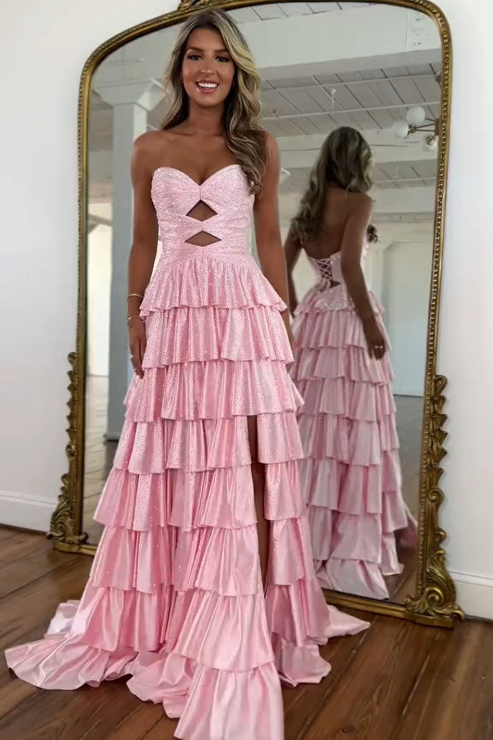Gorgeous A-Line Sweetheart Lace Up Beaded Prom Dress with Keyhole Bodice and Ruffle Skirt