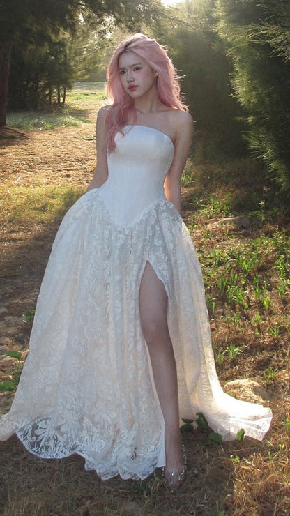 Strapless Ivory Lace Party Dress With Slit, Sleeveless Prom Dresses For Girls,AST2270