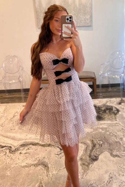 Strapless Pink Polka Dot Homecoming Dress with Cutout Bows and Tiered Skirt