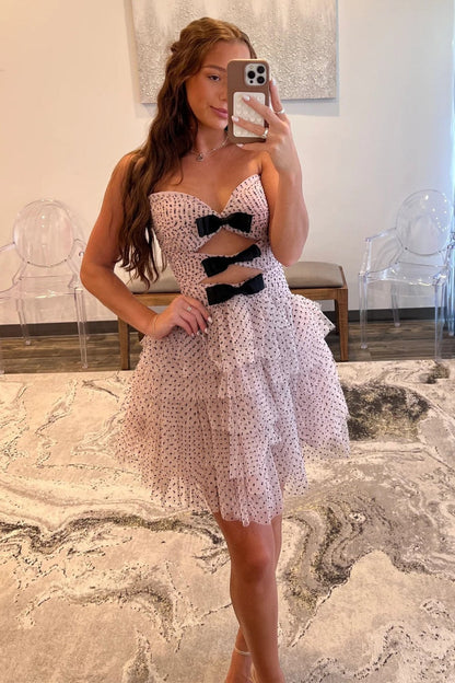 Strapless Pink Polka Dot Homecoming Dress with Cutout Bows and Tiered Skirt