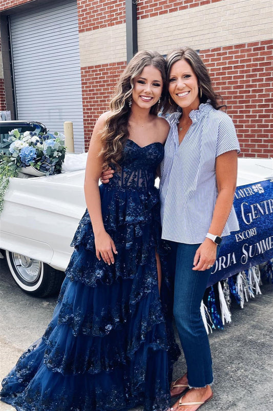 Gorgeous Navy Blue Tiered Tulle Long Formal Dress with Slit