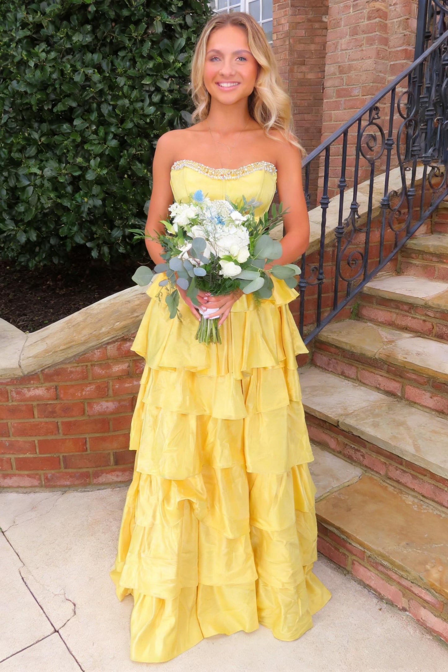 Strapless Yellow Tiered Ruffle Satin Prom Ball Gown with Beaded Neckline