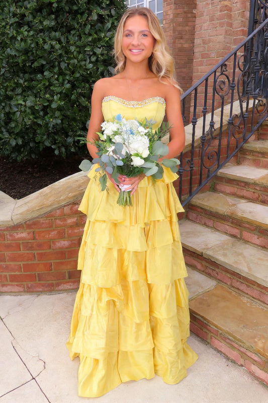 Strapless Yellow Tiered Ruffle Satin Prom Ball Gown with Beaded Neckline