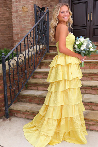 Strapless Yellow Tiered Ruffle Satin Prom Ball Gown with Beaded Neckline