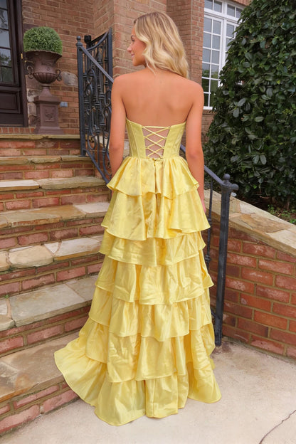 Strapless Yellow Tiered Ruffle Satin Prom Ball Gown with Beaded Neckline