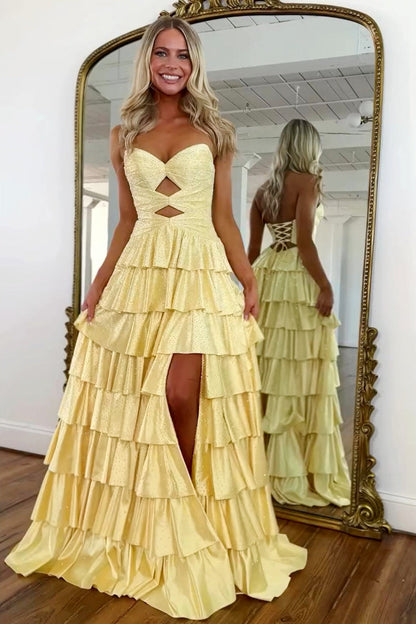 Gorgeous A-Line Sweetheart Lace Up Beaded Prom Dress with Keyhole Bodice and Ruffle Skirt