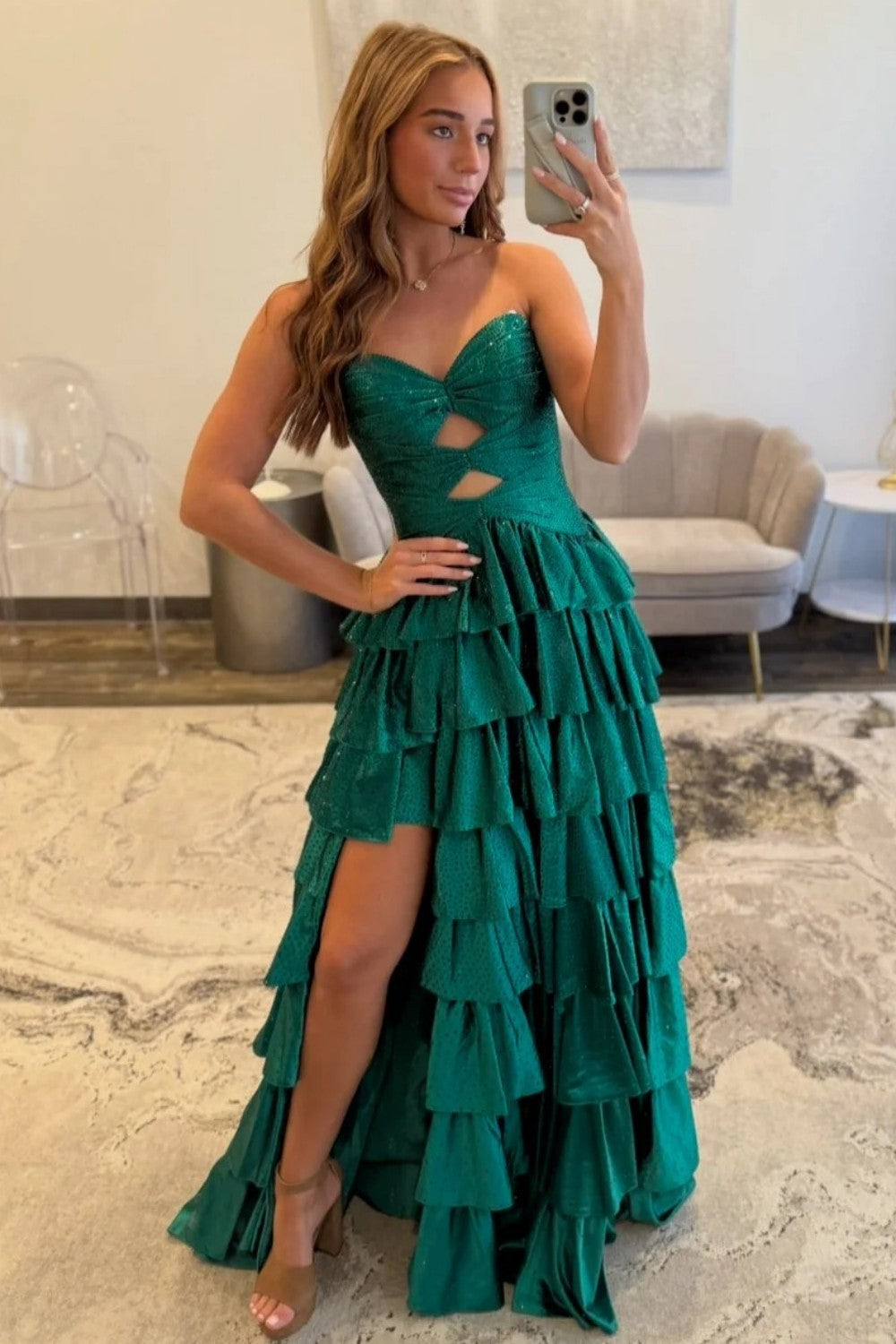 Gorgeous A-Line Sweetheart Lace Up Beaded Prom Dress with Keyhole Bodice and Ruffle Skirt
