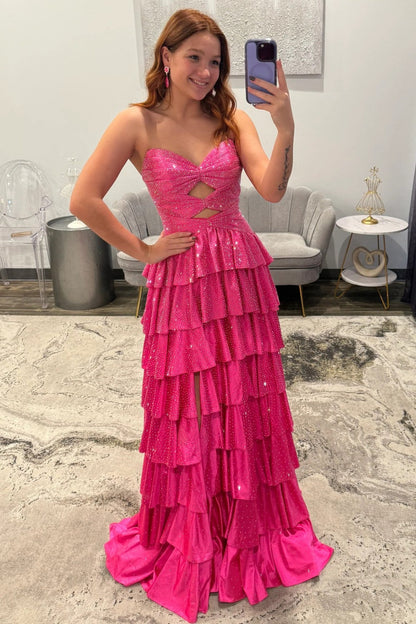 Strapless Hot A-Line Prom Dress with Keyhole Bodice Ruffle Skirt Slit and Lace Up Back