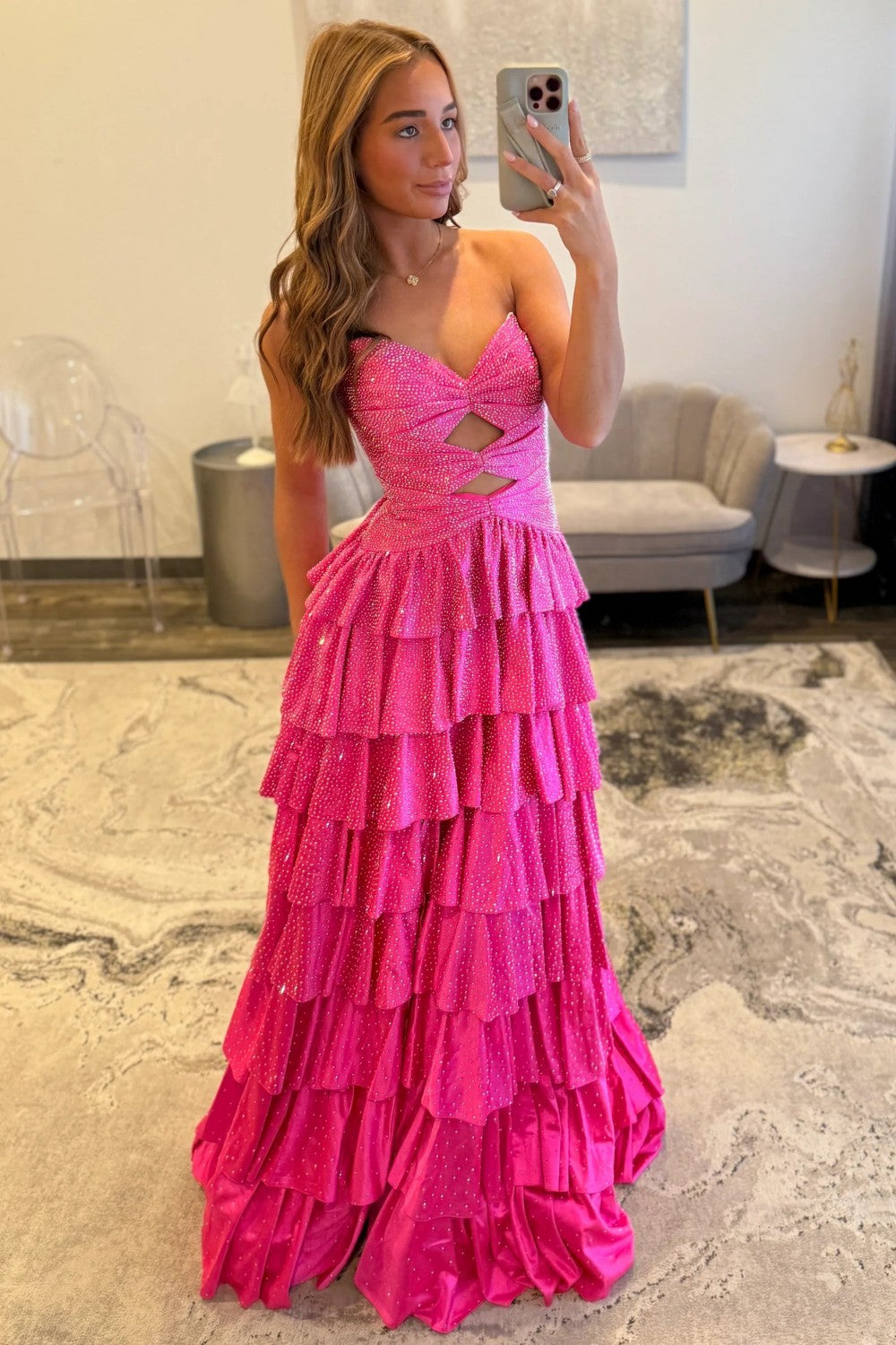 Strapless Hot A-Line Prom Dress with Keyhole Bodice Ruffle Skirt Slit and Lace Up Back