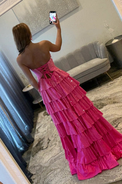 Gorgeous A-Line Sweetheart Lace Up Beaded Prom Dress with Keyhole Bodice and Ruffle Skirt