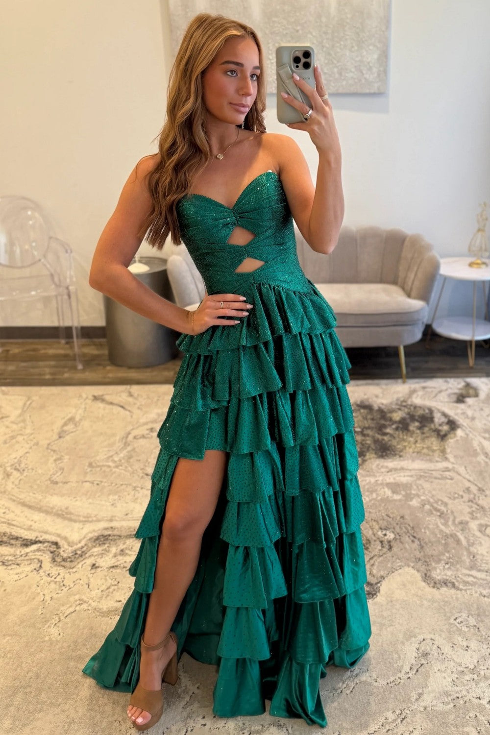 Strapless Hot A-Line Prom Dress with Keyhole Bodice Ruffle Skirt Slit and Lace Up Back