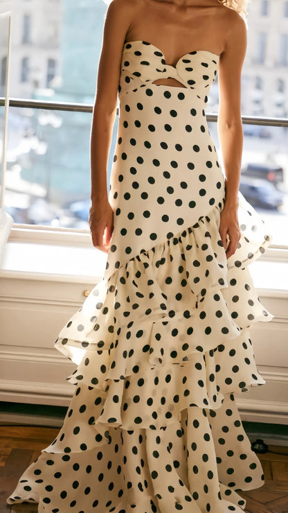 Strapless Mermaid Long Prom Dresses Dots Ruffle Sleeveless Party Dress,AST1874