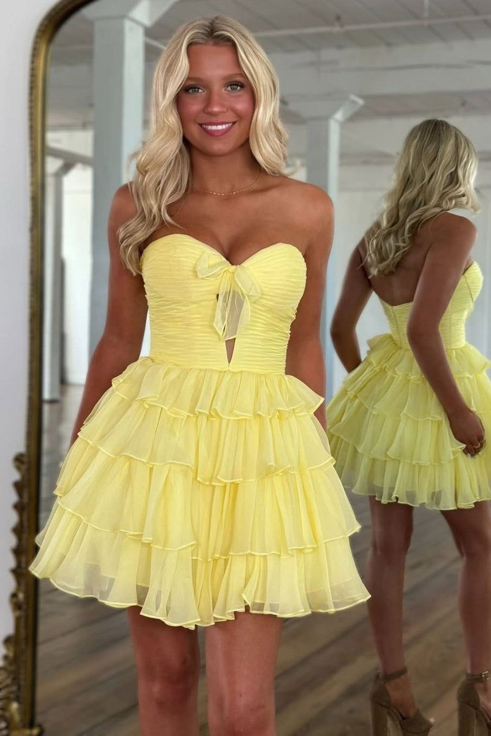 Strapless Red Ruffle Tiered Homecoming Dress with Front Bow Detail