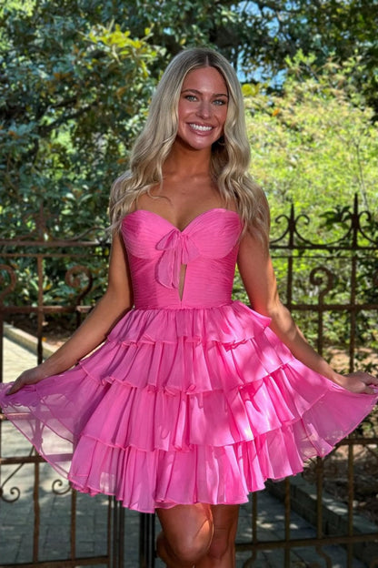 Strapless Red Ruffle Tiered Homecoming Dress with Front Bow Detail