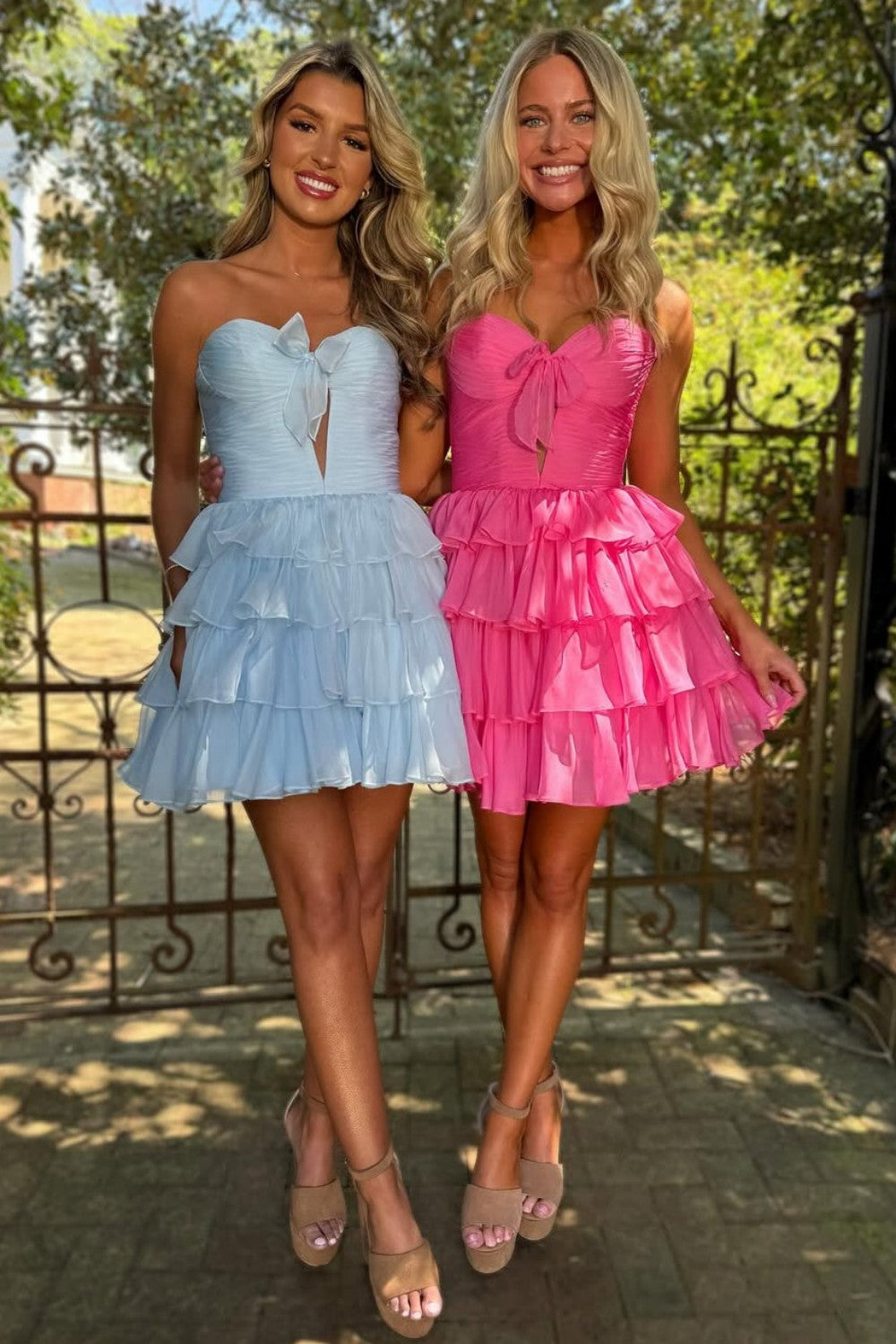 Strapless Red Ruffle Tiered Homecoming Dress with Front Bow Detail
