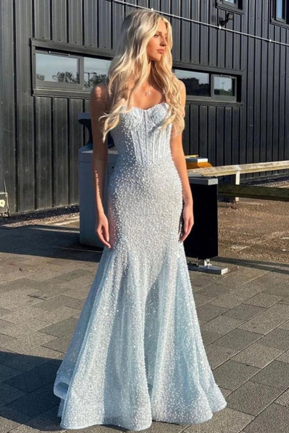Straps Light Blue Sequin Long Formal Dress with Beaded