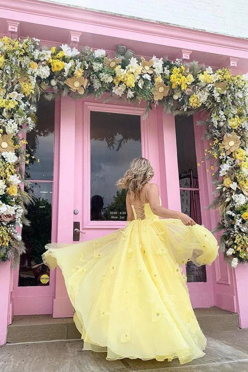 omberprom Straps Yellow Prom Dress Tulle Bodice 3D Flowers With Back Lace Up Evening Dress