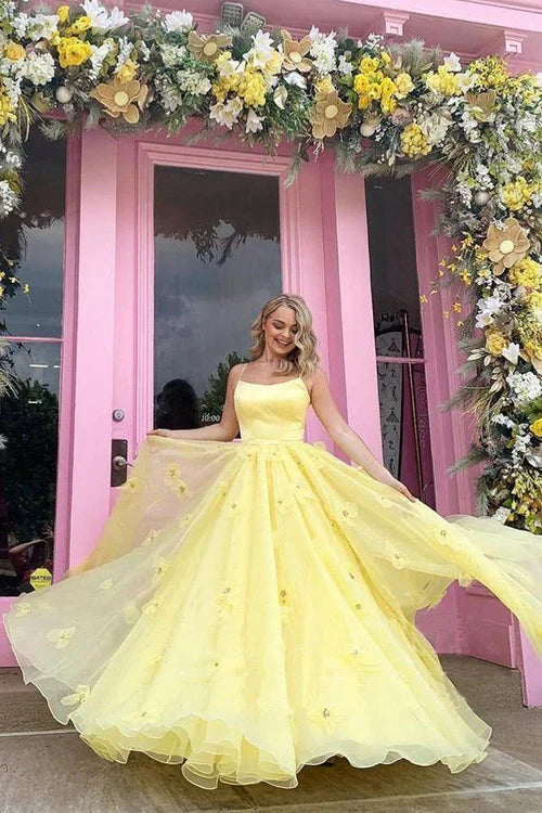 omberprom Straps Yellow Prom Dress Tulle Bodice 3D Flowers With Back Lace Up Evening Dress