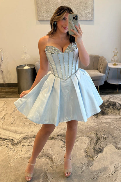 Stunning A-Line Sweetheart Corset Homecoming Dress with Crystal Detail and Flared Skirt