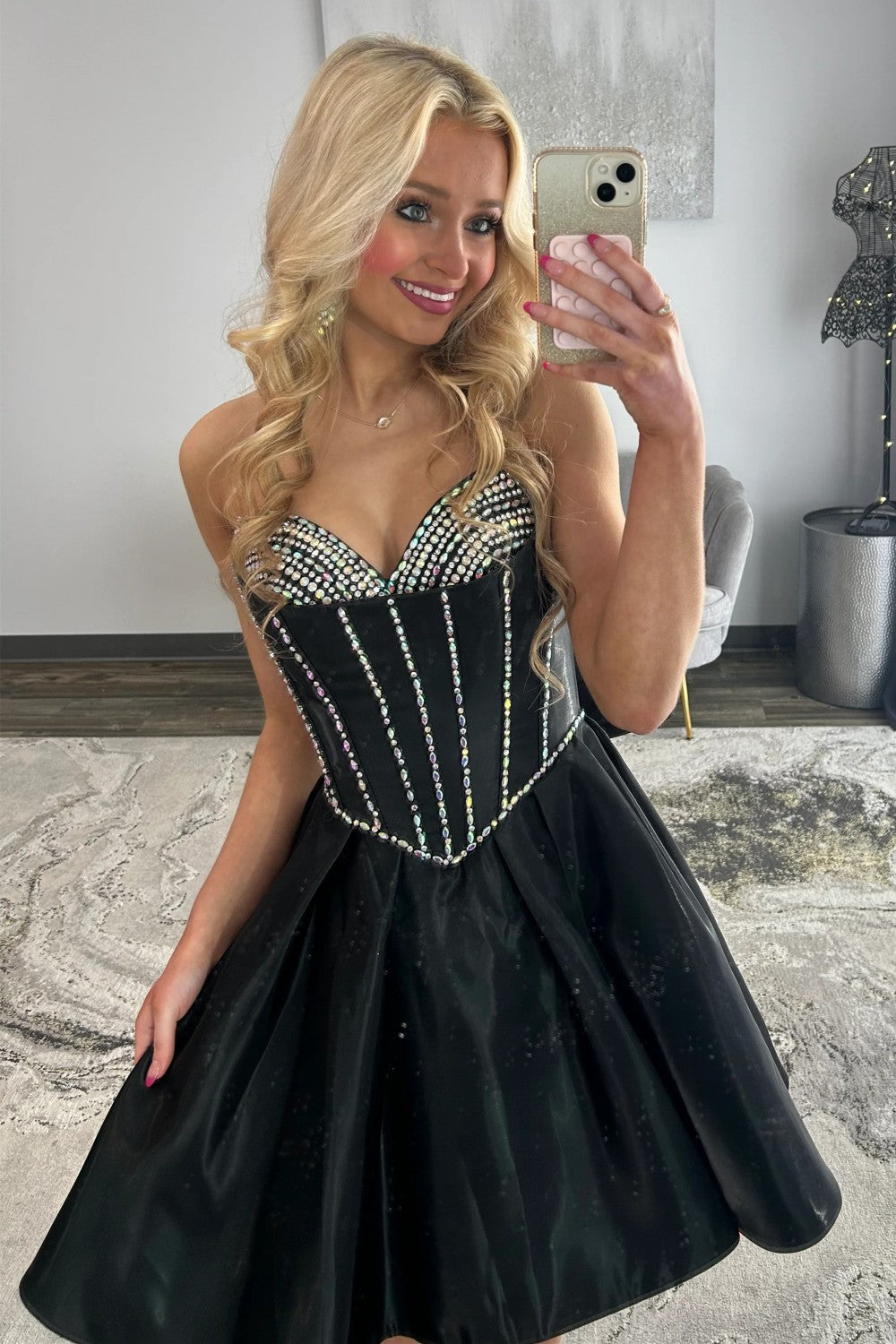 Stunning A-Line Sweetheart Corset Homecoming Dress with Crystal Detail and Flared Skirt