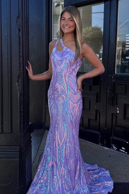 Stunning Mermaid One Shoulder Purple Sequins Long Party Dress with Keyhole