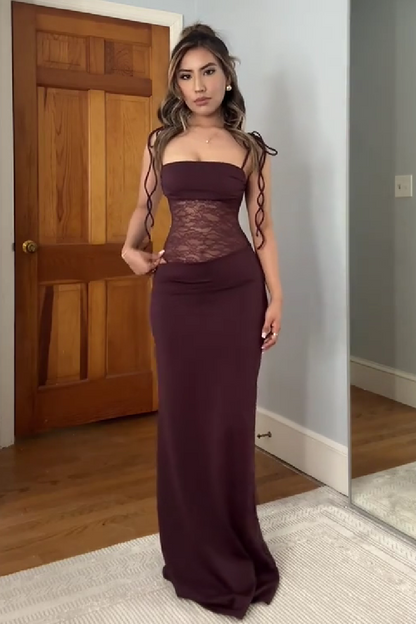 Stunning Mermaid Spaghetti Straps Brown Long Party Dress with Lace