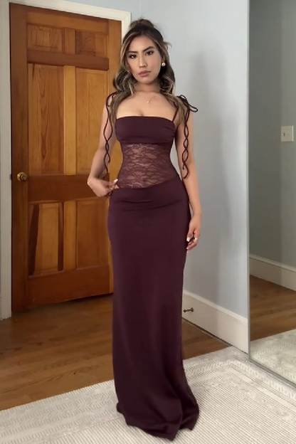 Stunning Mermaid Spaghetti Straps Brown Long Party Dress with Lace