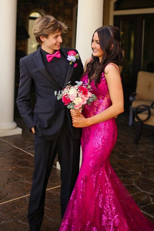 Stunning Mermaid Spaghetti Straps Hot Pink Long Prom Dress with Lace