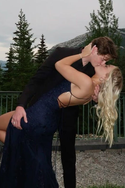 Stunning Mermaid Spaghetti Straps Navy Blue Long Prom Dress with Split Front