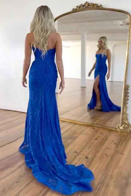 Stunning Glitter Mermaid Strapless Sweep Train Long Lace Prom Dress With Slit