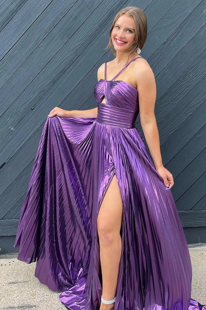 Stunning Metallic Halter Neck A-Line Prom Dress with High Leg Slit