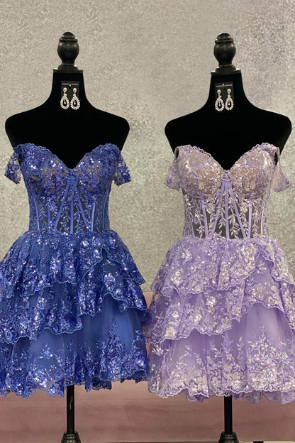Stunning Off-Shoulder Sequin Lace Homecoming Dress with Corset Bodice and Tiered Skirt